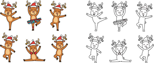 Set of Cute Dancing Reindeer Cartoons in Various Poses for Christmas Holiday Designs