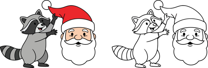 Cute Raccoon and Santa Claus Cartoon for Christmas Holiday Design and Coloring Book