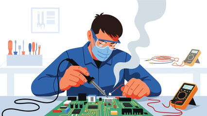 Flat vector illustration of a repairman soldering electronic components on a circuit board, ideal for electronics manufacturing visuals, repair services, and technical education content