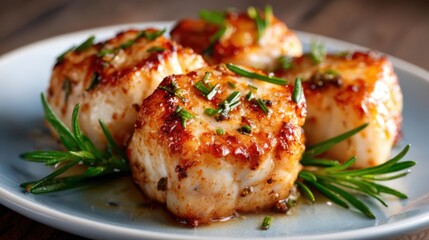 A close view of perfectly seared scallops garnished with herbs, exhibiting culinary precision and deliciousness, ideal for showcasing fine dining and gourmet cuisine.