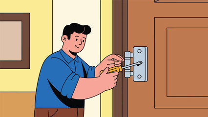 Modern flat vector illustration of a repairman fixing a wooden door hinge, ideal for home improvement visuals, maintenance guides, handyman services, and repair branding