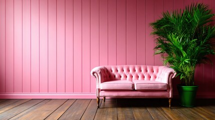A stylish pink sofa placed against a vibrant pink wall, illustrating modern interior design trends, comfort, and aesthetic pleasure in home decor and inviting living spaces.