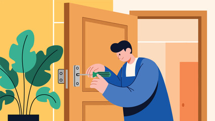 Modern flat vector illustration of a repairman fixing a wooden door hinge, ideal for home improvement visuals, maintenance guides, handyman services, and repair branding