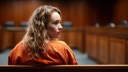 A thoughtful woman sits in a courtroom setting, dressed in an orange jumpsuit, highlighting a moment of contemplation and emotional depth in a serious environment.