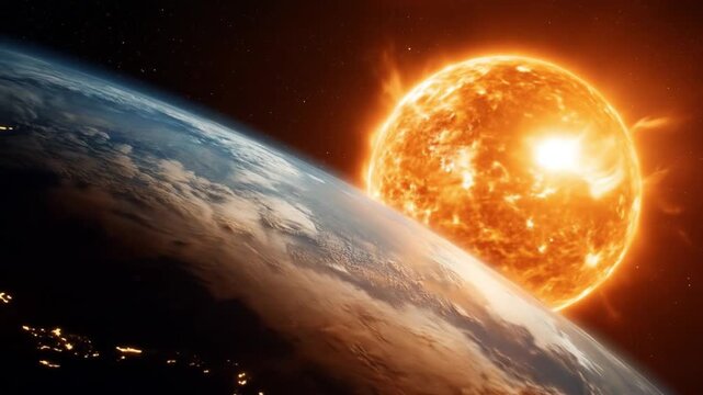 Earth curves across the lower left as a radiant sun blazes behind, casting orange light across space