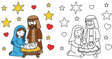 Cute Cartoon Nativity Scene with Holy Family and Stars - Christmas Illustration