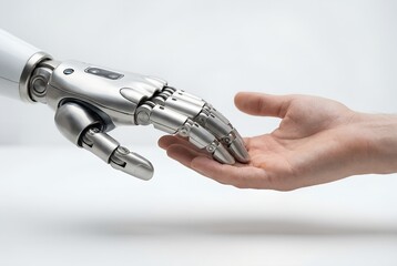 Futuristic robot hand reaching for human hand connection concept