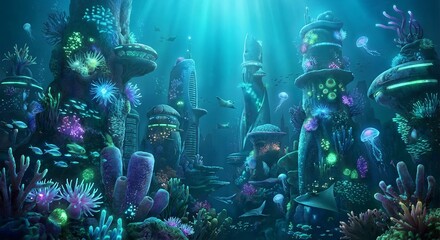 Fototapeta premium Futuristic underwater city with glowing coral and marine life background