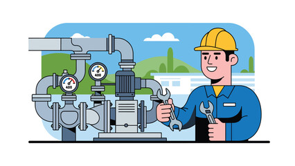 Flat vector illustration of a repairman maintaining a water pump system with pipes and gauges, ideal for industrial services, plumbing visuals, maintenance manuals, and branding