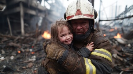 A brave firefighter hugs a young girl amidst a backdrop of destruction, radiating courage and compassion as they find solace in each other during the chaos of an emergency.