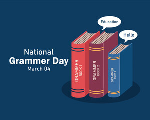 National Grammar Day. March 4, National grammar day celebration banner, card with multiple books in different colour. National grammar day simple and decent conceptual banner for the better learning.
