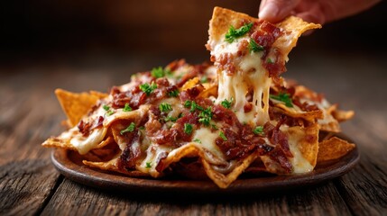 A delicious plate of cheesy nachos generously topped with crispy bacon and fresh herbs, perfect for gatherings, game nights, or indulgent snack moments, making taste buds rejoice.