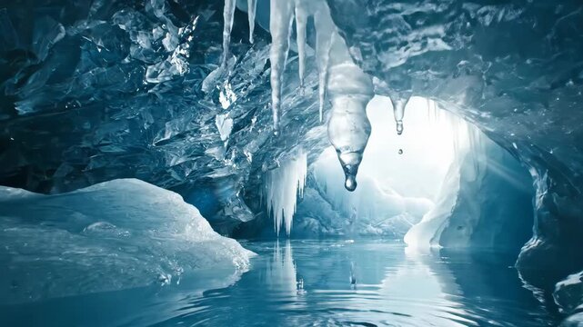 Majestic Ice Cave Interior With Blue Icicles And Reflecting Water Under Bright Natural Light A Frozen Wonderland
