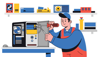 Flat vector illustration of a repairman fixing a desktop computer with open case, ideal for IT services, tech support visuals, electronics repair ads, and maintenance guides
