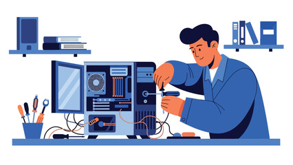 Flat vector illustration of a repairman fixing a desktop computer with open case, ideal for IT services, tech support visuals, electronics repair ads, and maintenance guides