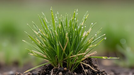 Fresh green grass with dew drops in the morning