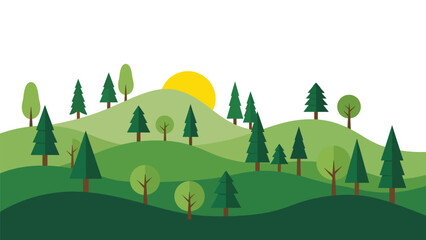Naklejka premium Modern flat vector forest landscape with stylized trees and layered hills in solid natural colors, ideal for nature prints, branding assets, backgrounds, and environmental projects