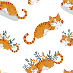 Fototapeta premium Cute watercolor seamless pattern with sleeping ginger cats and floral leaves on white background. Hand painted nursery animal illustration, perfect for kids textiles, wrapping paper and decor.