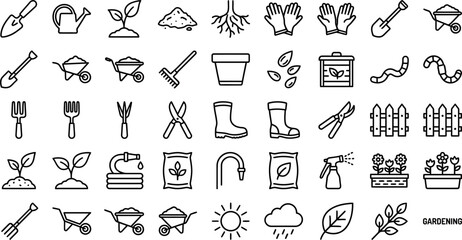 Gardening Tools Nature Line Icons Vector Set – Plant Flower Leaf Shovel Rake Watering Pot Seed Fence Garden Wheelbarrow Outline Icon Pack UI Web App © Pixel_Forge
