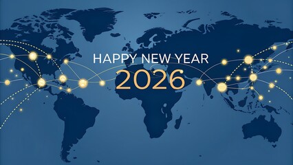Happy new year 2026 global celebration with world map and city silhouettes.