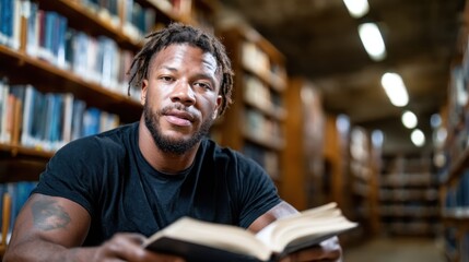 A muscular man in a library, engrossed in a book, embodies the fusion of strength and knowledge, emphasizing the importance of intellectual growth in a serene atmosphere.