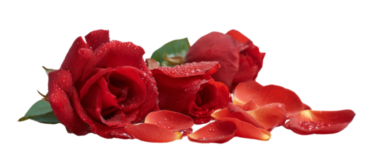 Elegant red roses with petals on transparent background floral still life nature studio view