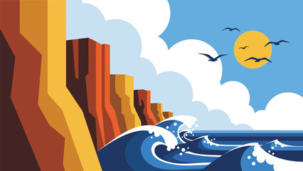Flat vector coastal cliffs with waves, sun, and geometric rock formations in solid marine tones, ideal for travel posters, editorial layouts, branding, and nature-themed decor