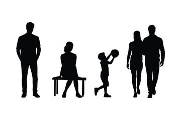 Diverse group of people silhouettes engaging in everyday activities against a white background