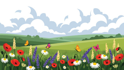 Obraz premium Bright flat vector meadow scene with flowers, butterflies, and rolling hills in solid colors, ideal for spring graphics, children’s illustrations, posters, and cheerful nature visuals