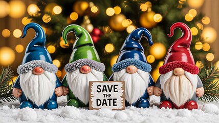 Cute christmas gnomes holding save date sign with festive lights and snowy background
