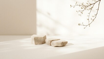 Soft focus natural light illuminates textured objects with delicate branch shadows