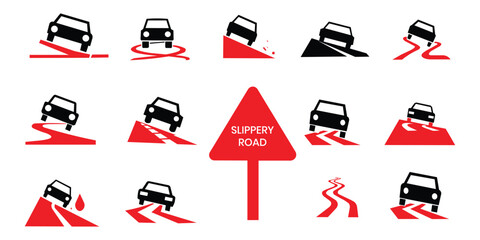 Vehicle safety warning icons for various road conditions with a prominent slippery road sign