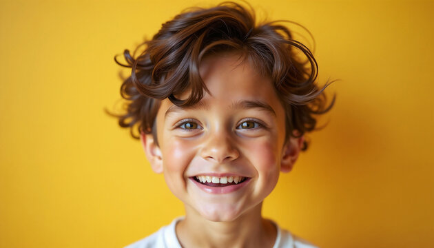 Happy brown-haired boy with bright smile on yellow background
