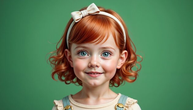 Smiling red-haired girl with cute bow on green background