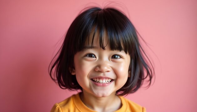 Cheerful Asian girl with short hair and bright smile on pink background