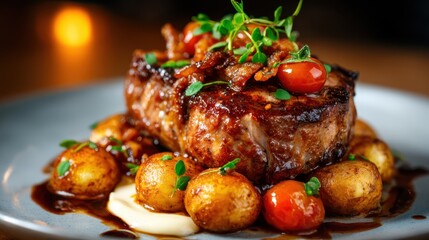 A serve of grilled steak accompanied by vibrant cherry tomatoes and roasted potatoes, presenting a delightful symphony of colors and flavors, perfect for culinary enthusiasts and food lovers.