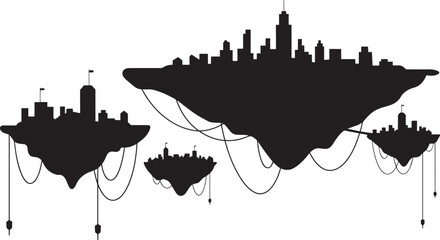 Obraz premium Fantasy floating islands city skyline with buildings and connecting wires on clouds