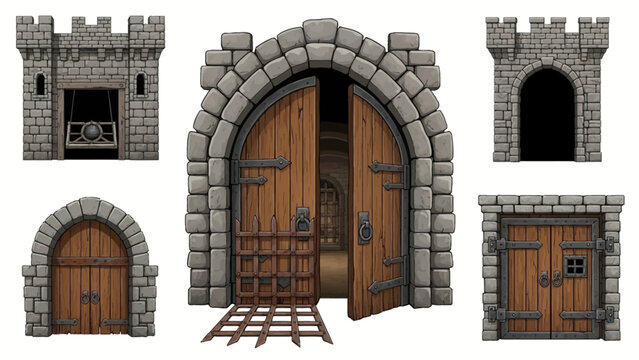 Castle gate vector medieval collection, open wooden ancient door, iron grate, stone arch isolated on white. Vintage city entrance, closed dungeon double entry. Game elements, castle gate illustration