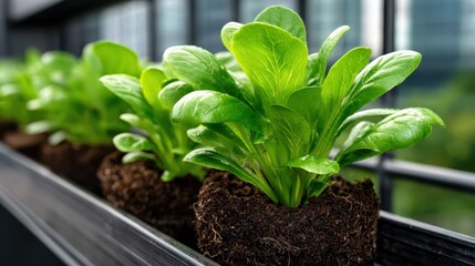 A close-up view of vibrant green lettuce plants growing in planters, merging urban gardening with fresh produce, symbolizing sustainability and healthy eating in a modern setting.