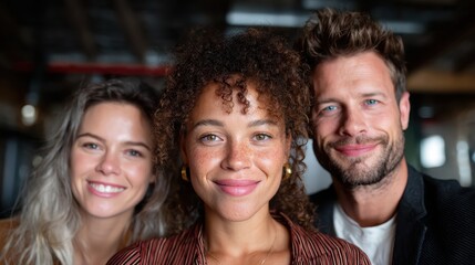 Obraz premium A warm and inviting portrait of three friends smiling joyfully, representing unity, diversity, and the essence of friendship in a modern, casual setting.
