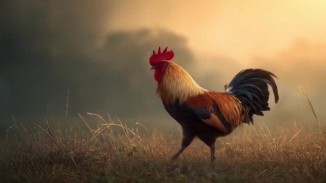 Sunlit rooster ruffles through golden dawn grass, bold plumage sweeping against a warm sky, sunrise
