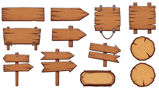 Wooden vector plank sign board set, UI game timber texture menu arrow panels isolated on white. Cartoon western road information empty pointer kit, announcement frame design element. Wooden sign