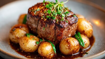 Fototapeta premium This beautifully presented plate features a juicy steak nestled beside roasted potatoes and vibrant greens, embodying culinary artistry and delightful flavors for a gourmet experience.