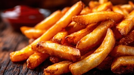 A delicious pile of crispy golden french fries sits ready to be enjoyed, accompanied by a serving of ketchup, embodying comfort food and indulgent treats for all.