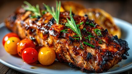 A beautifully plated grilled salmon fillet adorned with vibrant cherry tomatoes, showcasing gourmet dining that highlights fresh ingredients and culinary artistry for the palate.