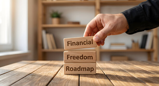 Business Leadership Concept with Wooden Blocks Financial Freedom Roadmap