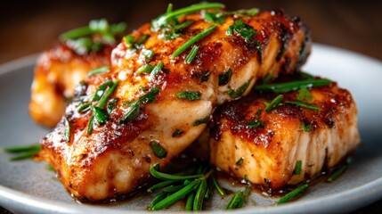 A tantalizing close-up of perfectly grilled salmon fillets garnished with fresh herbs, showcasing the rich, savory colors and textures of this mouthwatering dish.