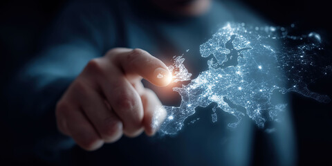 Hand interacts with illuminated digital european map showing network connectivity and technology.