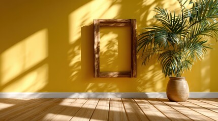 A minimalist indoor scene featuring a bright yellow wall, a wooden empty frame, and a lush green plant creating a harmonious and inviting atmosphere for relaxation.