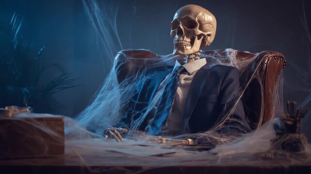 Skeleton in a sharp suit sits at an old desk, bathed in blue light; cobwebs drape the scene tonight